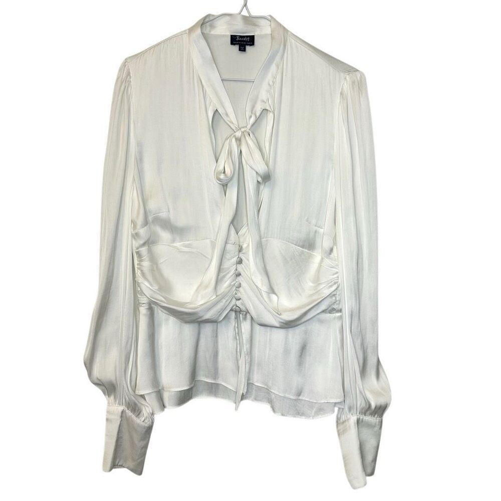 Bardot Tie Neck Ruched Waist Button Loop Long Sleeve Blouse Ivory Large